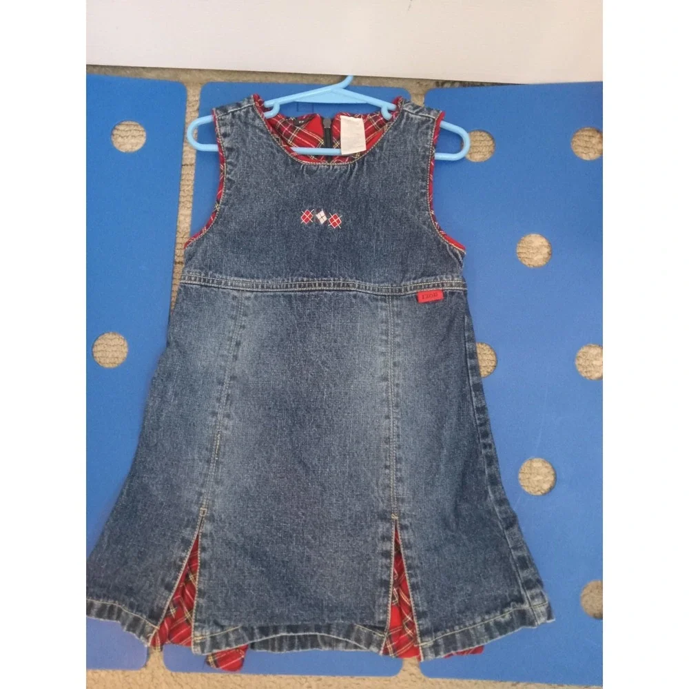 Izod Toddler Girls Jean Jumper Dress Size 4T Sleeveless Denim Jumper Plaid‎ Blue